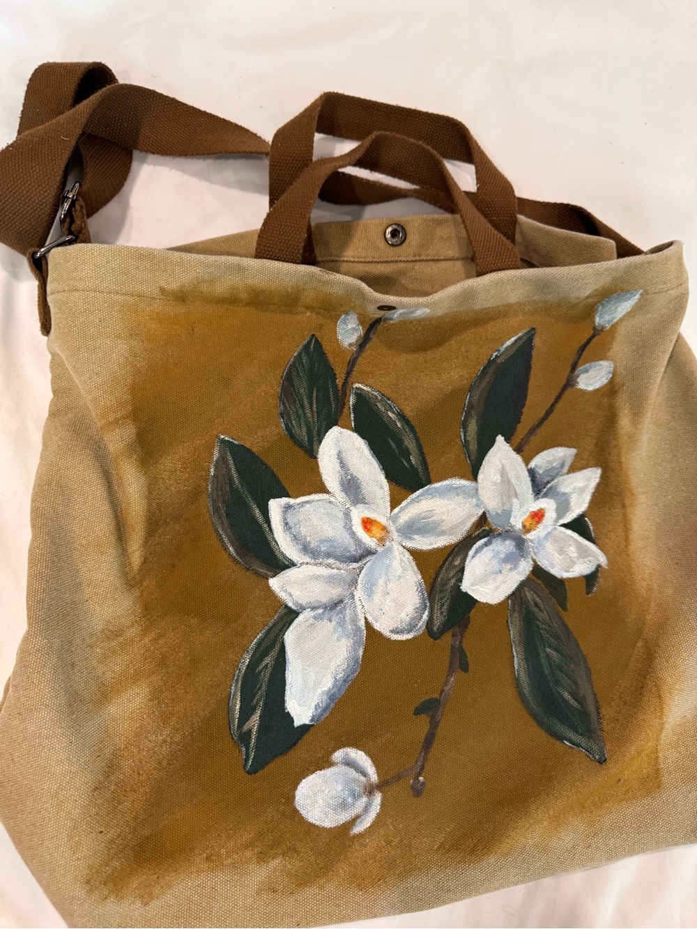 Hand Painted Magnolia Floral Canvas Tote Bag, One of a Kind Crossbody